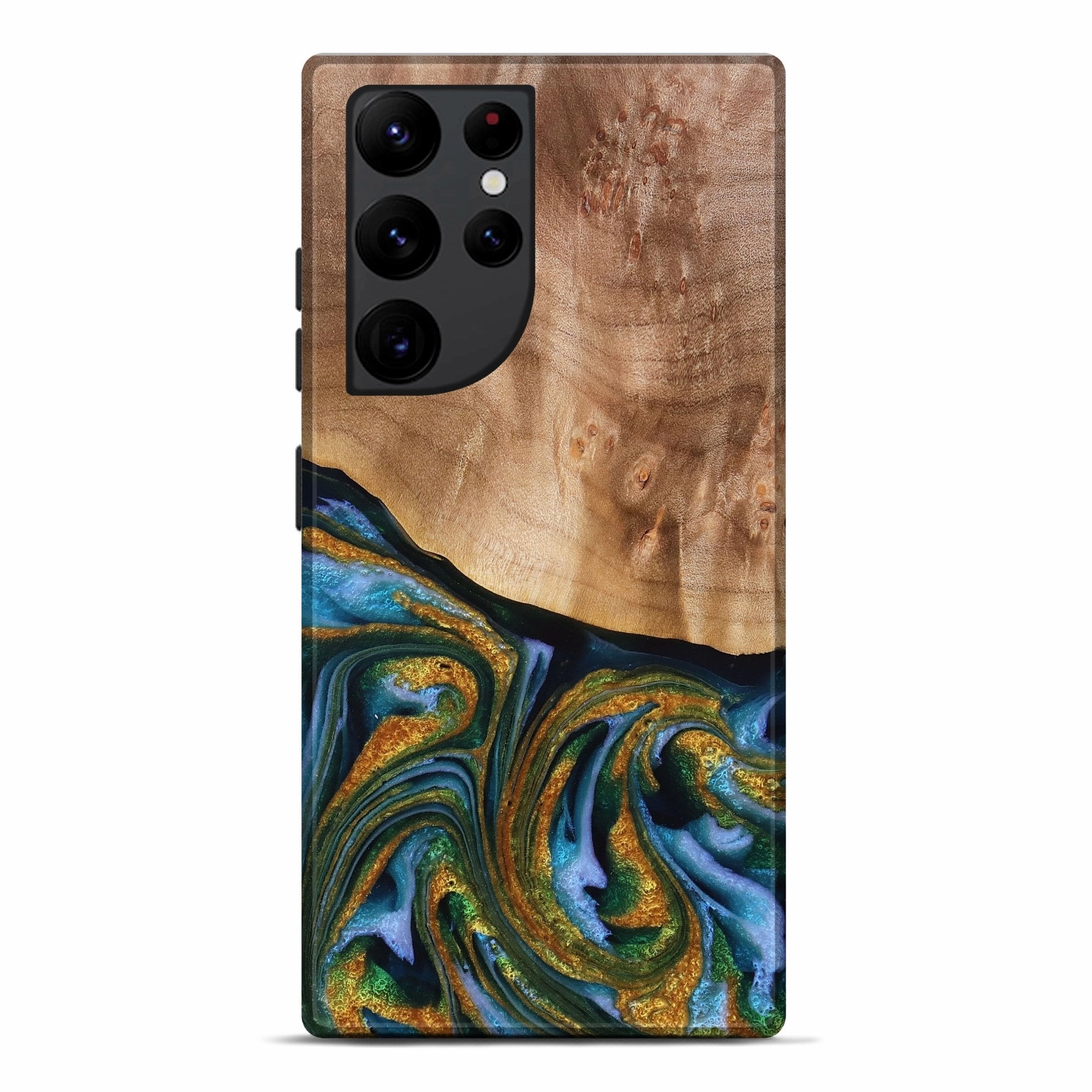 Anti Fog Anti Finger Oil Galaxy S22 Ultra Wood Live Edge Phone Case - Jamel (Teal & Gold, 776938)