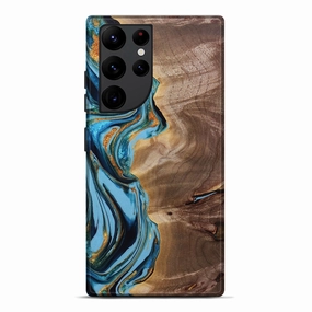 Galaxy S22 Ultra Wood Live Edge Phone Case - Julieta (Teal & Gold, 765299) Fingerprint Resistant Screen