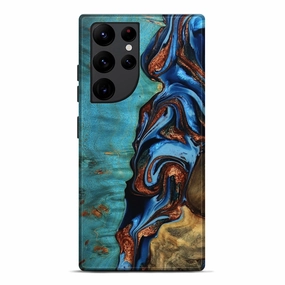 Anti Finger Oil Coating Edge to Edge Protection Galaxy S22 Ultra Wood Live Edge Phone Case - Ledger (Teal & Gold, 777383)