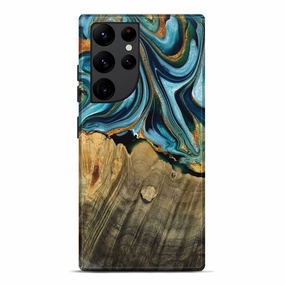 Galaxy S22 Ultra Wood Live Edge Phone Case - Rowena (Teal & Gold, 769613) High Transparency Anti Static