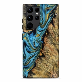 Galaxy S22 Ultra Wood Live Edge Phone Case - Zuri (Teal & Gold, 774599) Bubble Free Anti Reflection
