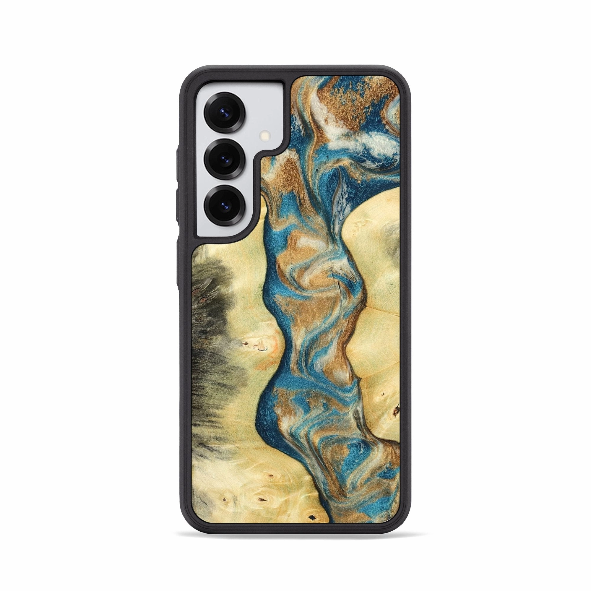 Fingerprint Repellent Smooth Touch Film Galaxy S25 Wood Phone Case - Alissa (Teal & Gold, 780733)