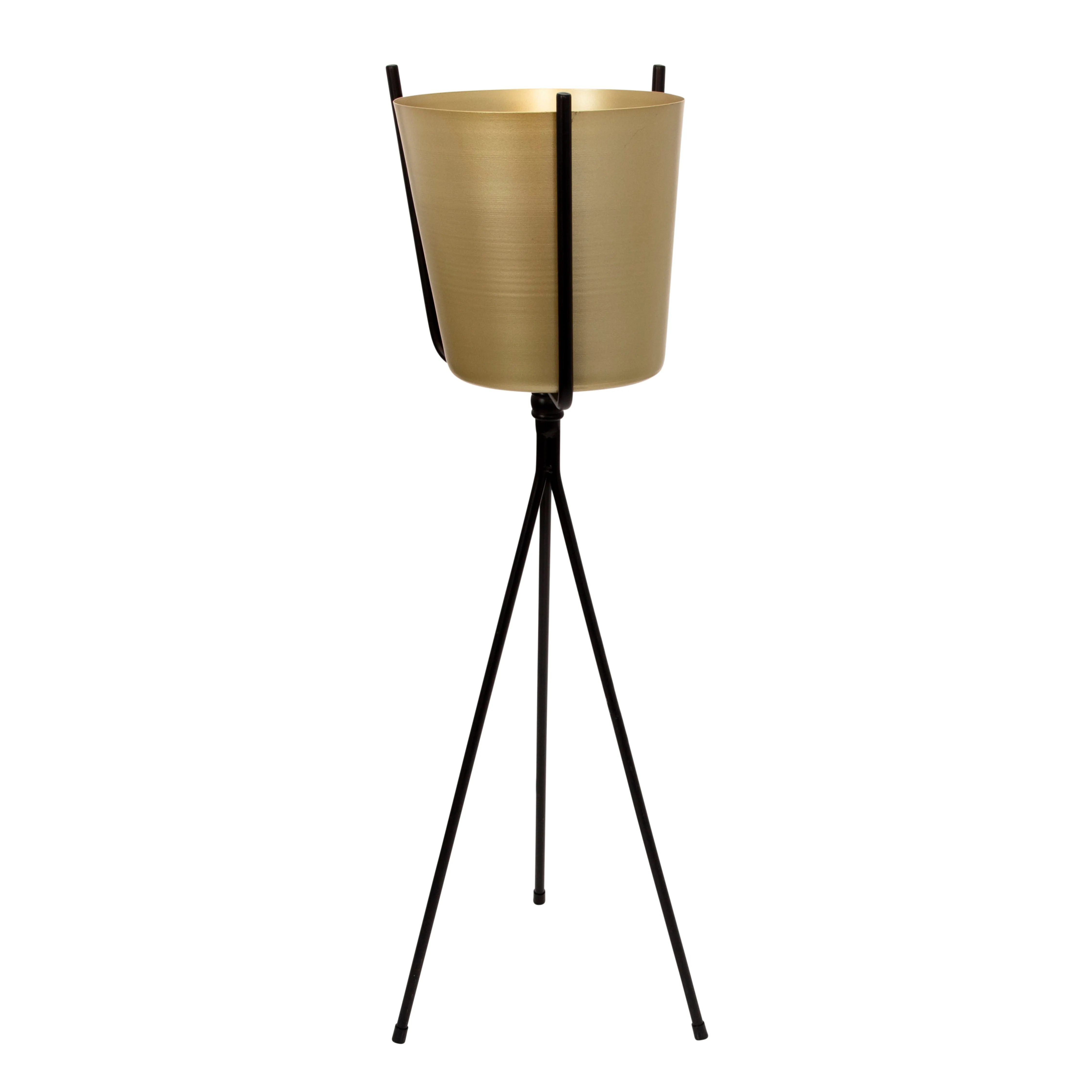 GOLD METAL PLANTER, BLACK TRIPOD 31.5"