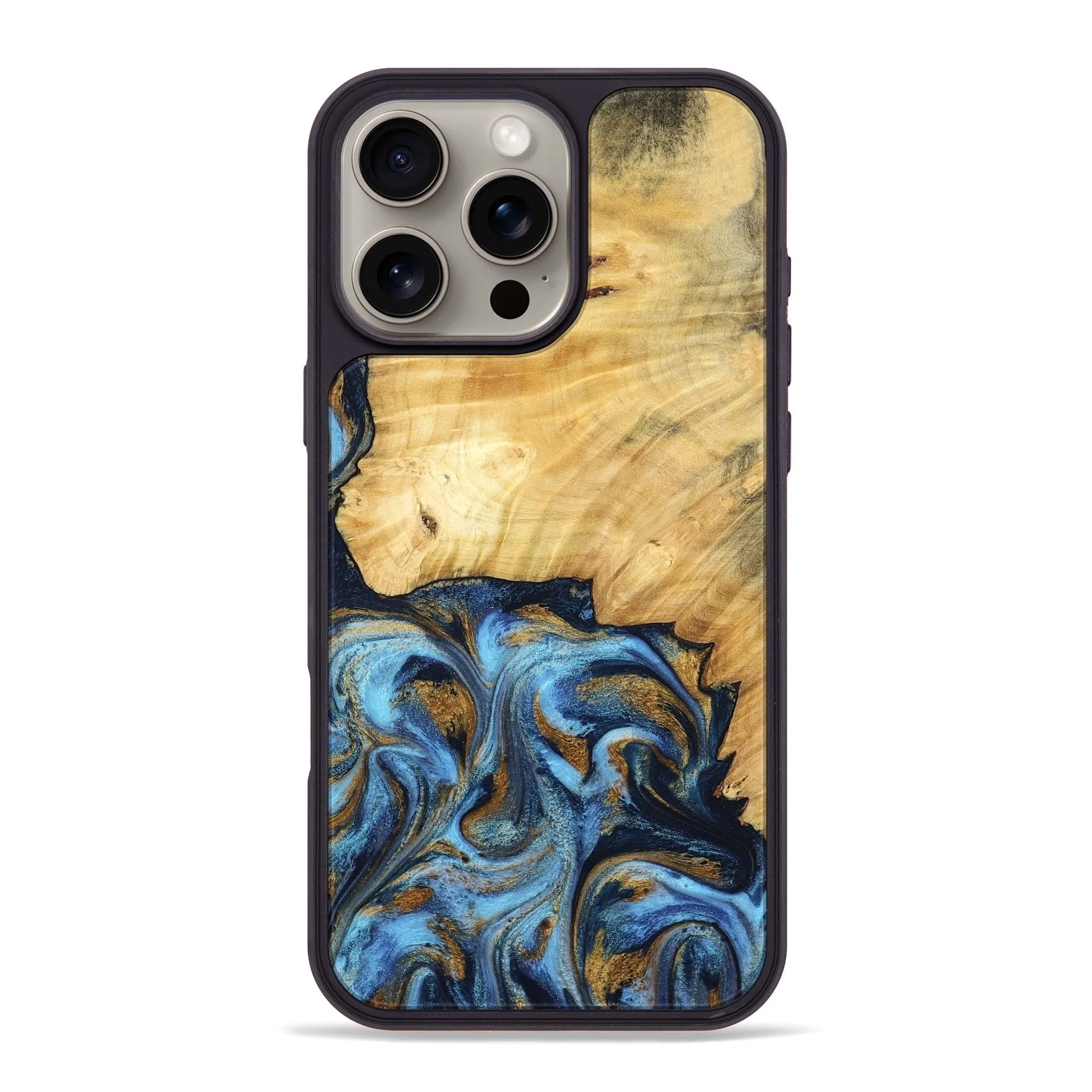 Anti Finger Smudge Iphone 16 Pro Max Wood Phone Case - Ivette (Teal & Gold, 781674)