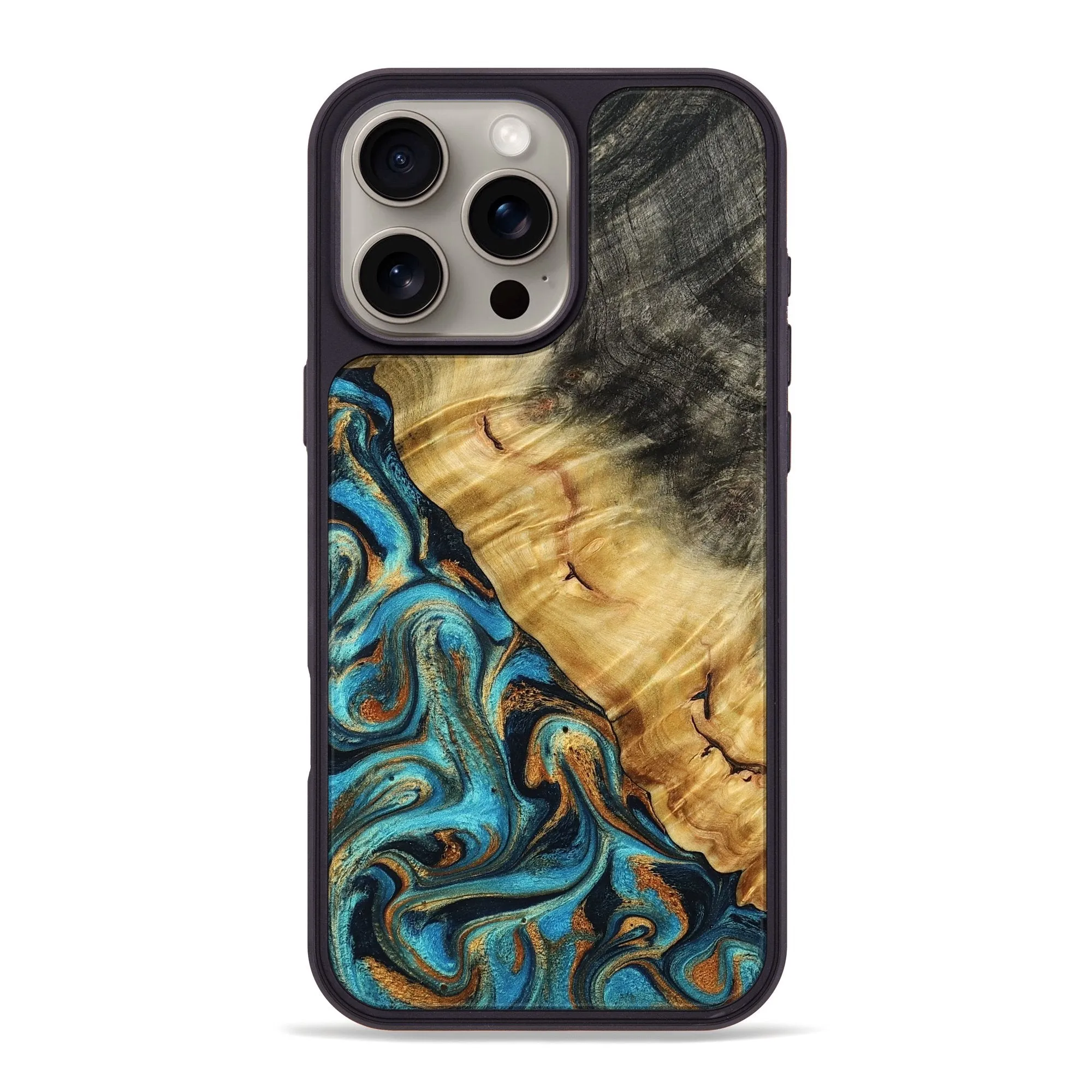 Iphone 16 Pro Max Wood Phone Case - Emelia (Teal & Gold, 776549) Scratch Resistant Coating Edge to Edge Protection