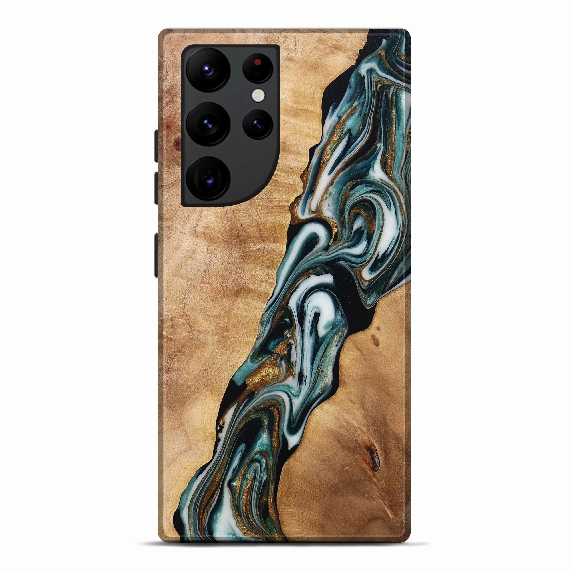 Anti Static Galaxy S22 Ultra Wood Live Edge Phone Case - Ken (Teal & Gold, 778992)