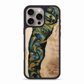 Anti Yellowing Film Iphone 16 Pro Max Wood Phone Case - Harland (Teal & Gold, 773598)