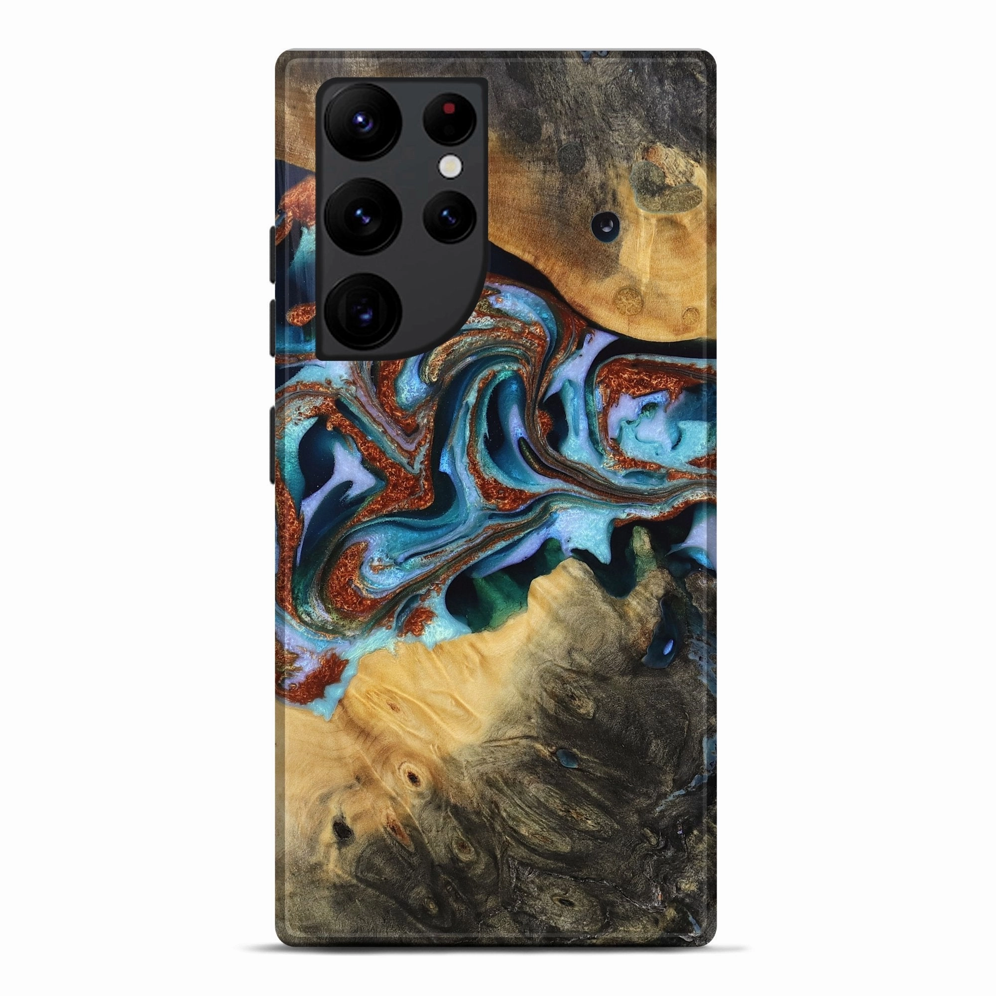 Galaxy S22 Ultra Wood Live Edge Phone Case - Debora (Teal & Gold, 771949) Shatterproof Glass Soft Edge
