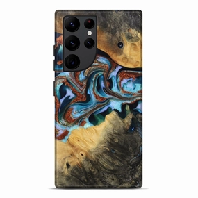 Galaxy S22 Ultra Wood Live Edge Phone Case - Debora (Teal & Gold, 771949) Shatterproof Glass Soft Edge