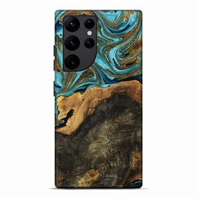 Bubble Free Galaxy S22 Ultra Wood Live Edge Phone Case - Dian (Teal & Gold, 764111)