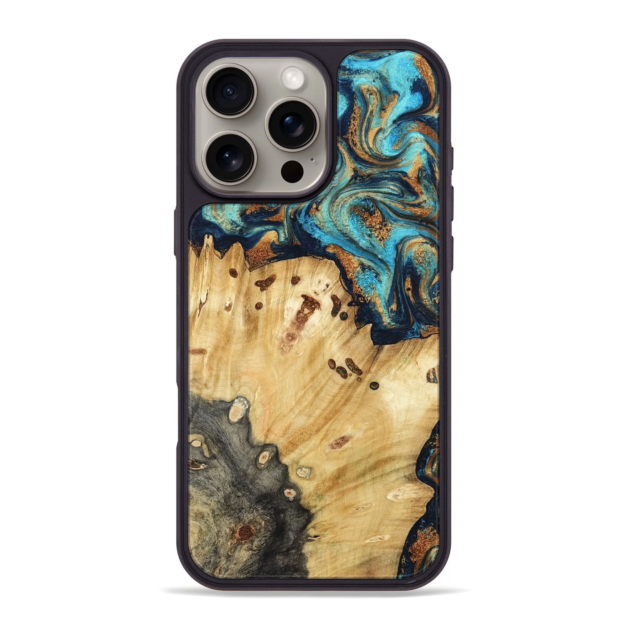 Anti Fingerprint Coating Iphone 16 Pro Max Wood Phone Case - Taya (Teal & Gold, 781670)