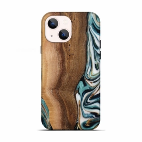 Iphone 13 Wood Live Edge Phone Case - Akeelah (Teal & Gold, 779004) Anti Fingerprint Film