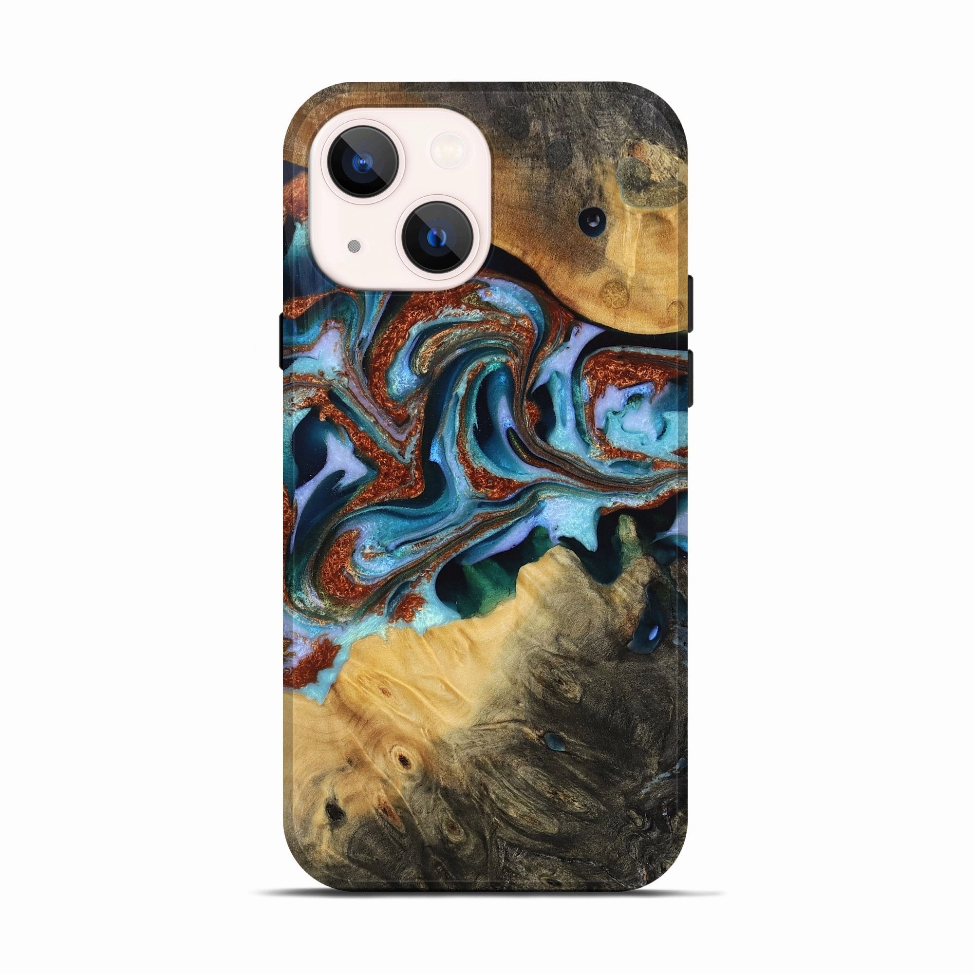 Tempered Screen Protector Anti Scratch Shield Iphone 13 Wood Live Edge Phone Case - Debora (Teal & Gold, 771949)