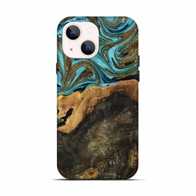 Anti Shock Screen Anti Blue Light Iphone 13 Wood Live Edge Phone Case - Dian (Teal & Gold, 764111)