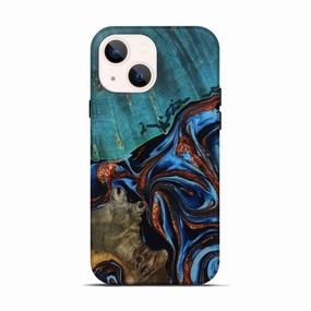Anti Shock Film Iphone 13 Wood Live Edge Phone Case - Elza (Teal & Gold, 777401)