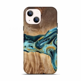 Crystal Clear Screen Tempered Glass Iphone 13 Wood Live Edge Phone Case - Evans (Teal & Gold, 778515)