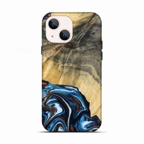 Water Resistant Anti Spy Film Iphone 13 Wood Live Edge Phone Case - Jalisa (Teal & Gold, 781427)