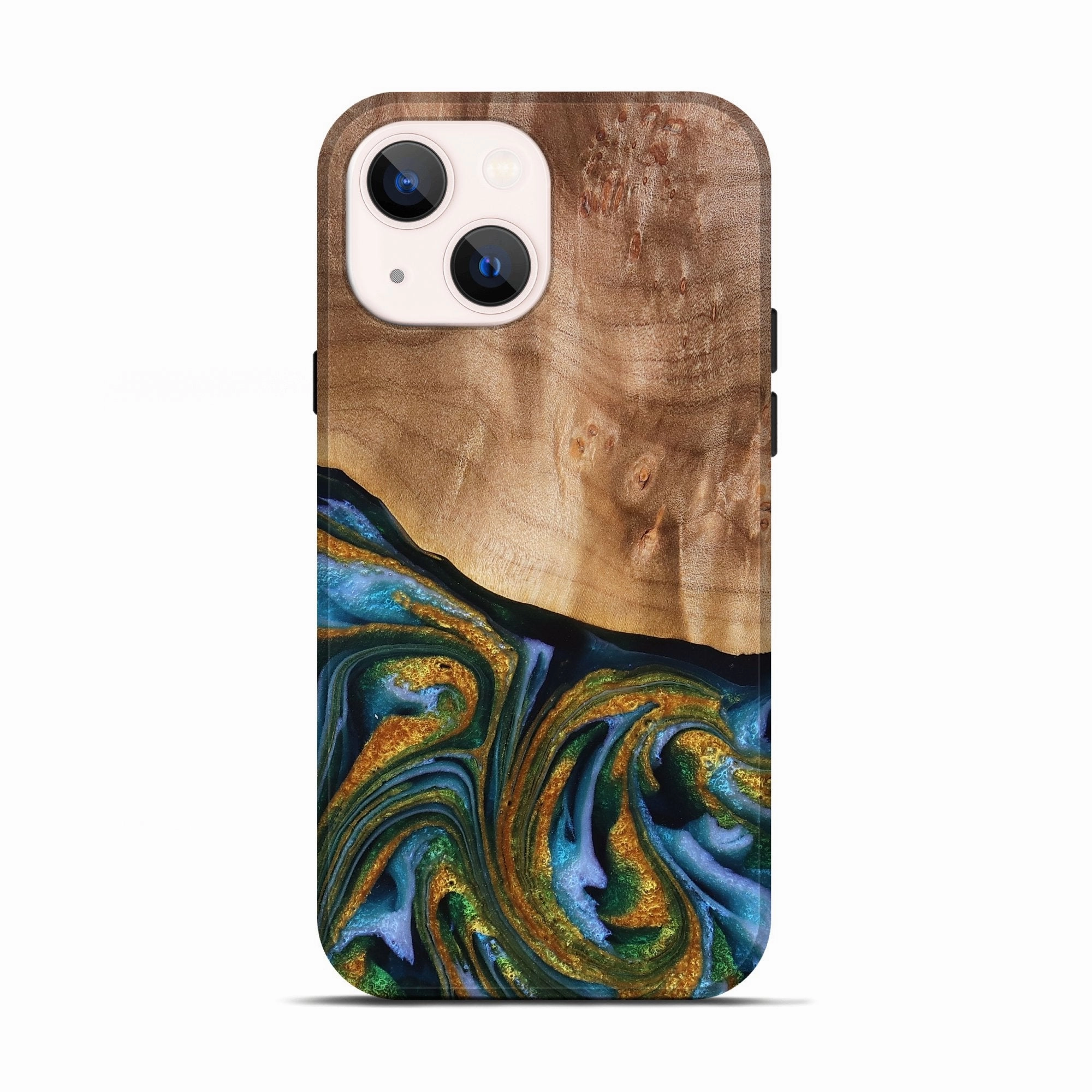 Anti Oil Film Anti Finger Oil Iphone 13 Wood Live Edge Phone Case - Jamel (Teal & Gold, 776938)