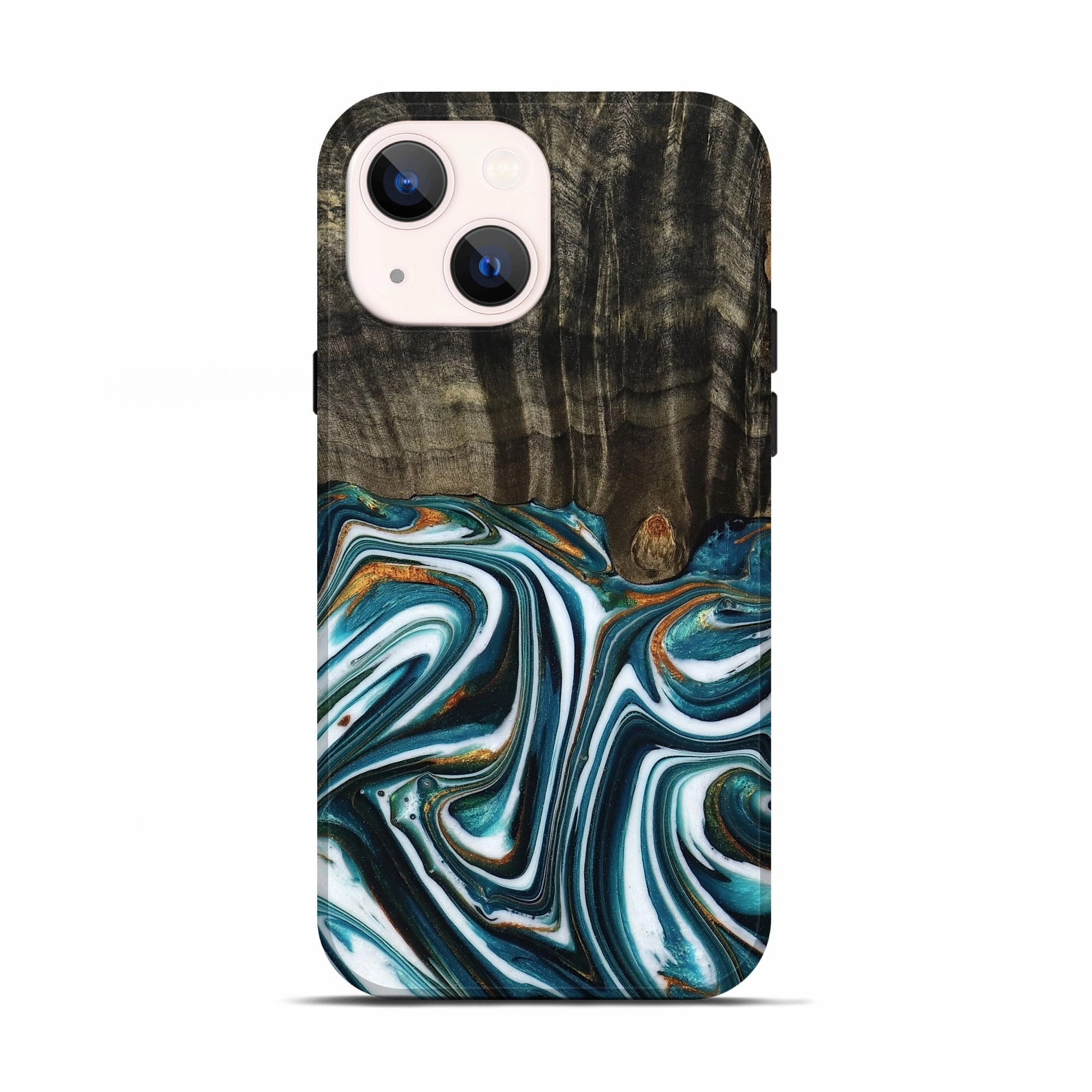 Anti Finger Oil Coating Case Friendly Iphone 13 Wood Live Edge Phone Case - Jolie (Teal & Gold, 778081)