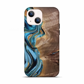 Iphone 13 Wood Live Edge Phone Case - Julieta (Teal & Gold, 765299) Oleophobic Coating