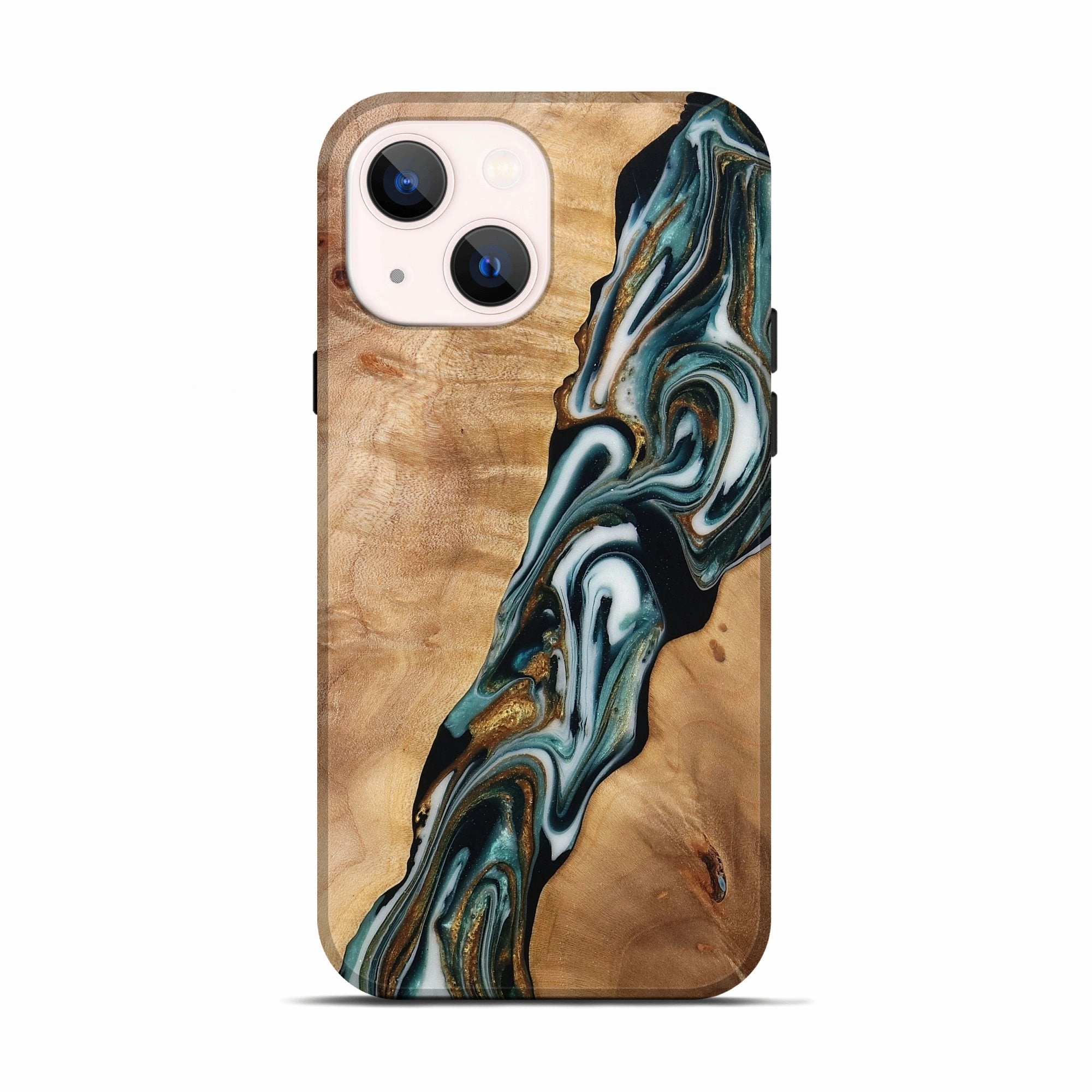 Iphone 13 Wood Live Edge Phone Case - Ken (Teal & Gold, 778992) Shock Guard Impact Resistant