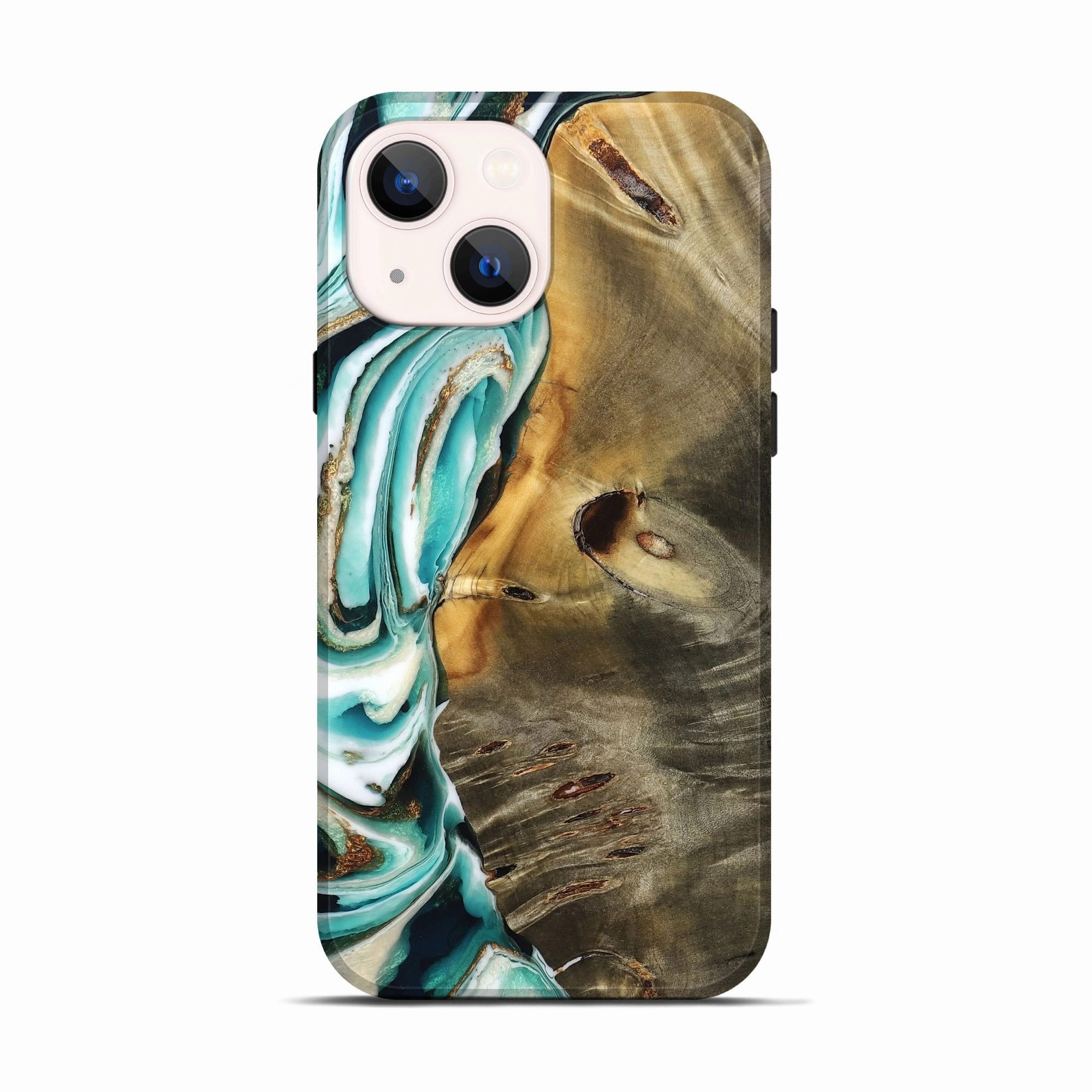 Raised Edges Iphone 13 Wood Live Edge Phone Case - Korey (Teal & Gold, 776935)