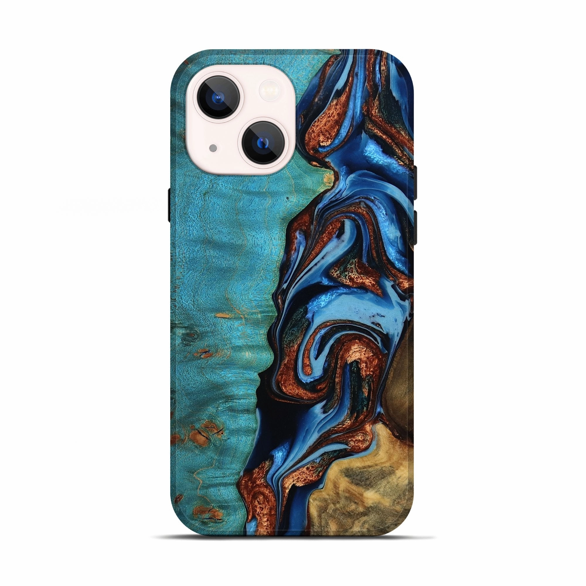 Iphone 13 Wood Live Edge Phone Case - Ledger (Teal & Gold, 777383) Anti Glare Film
