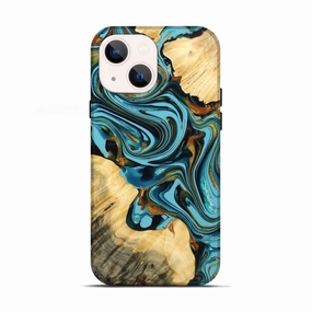 Anti Finger Grease Shockproof Iphone 13 Wood Live Edge Phone Case - Lynne (Teal & Gold, 775613)