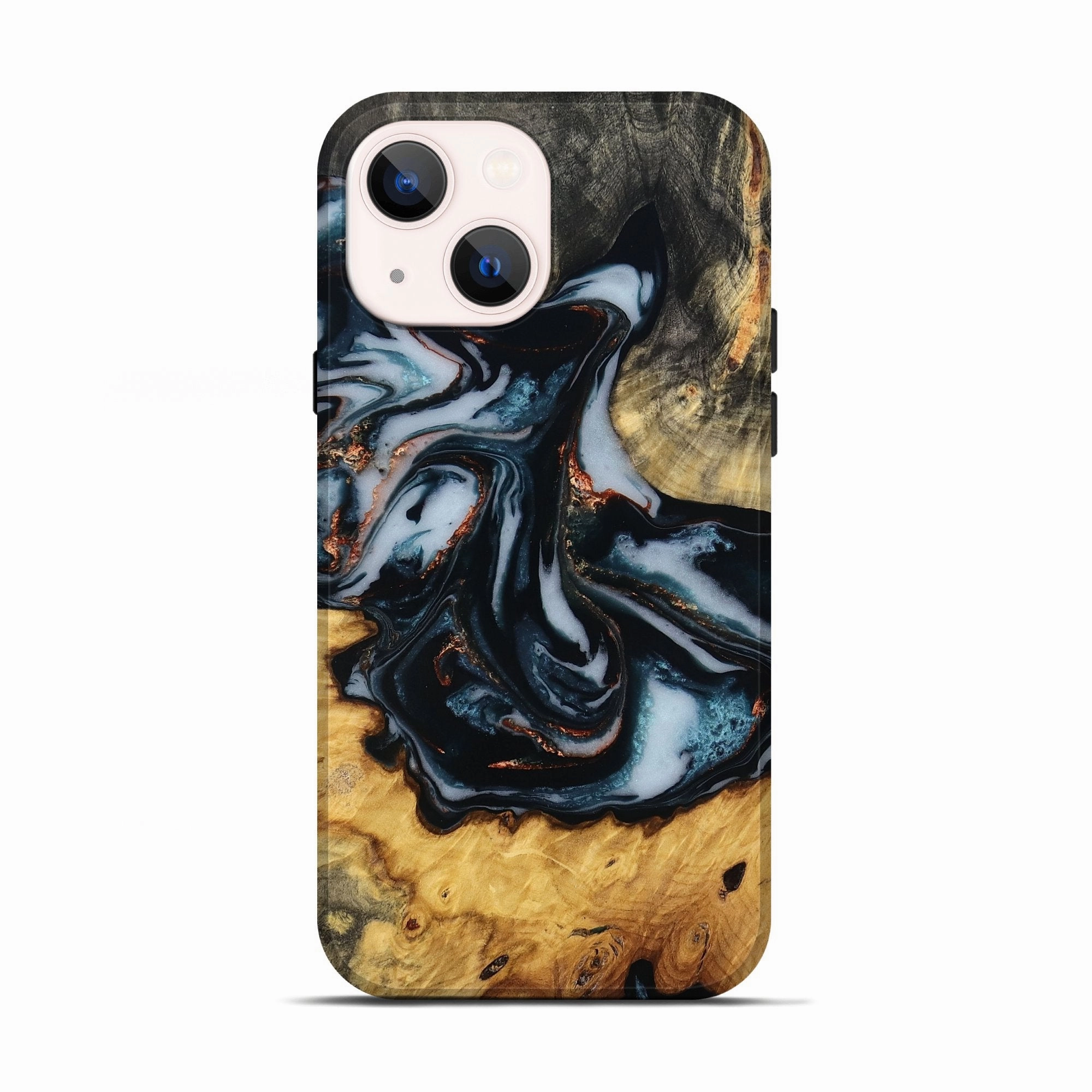 Iphone 13 Wood Live Edge Phone Case - Mathias (Teal & Gold, 781005) Anti Reflection