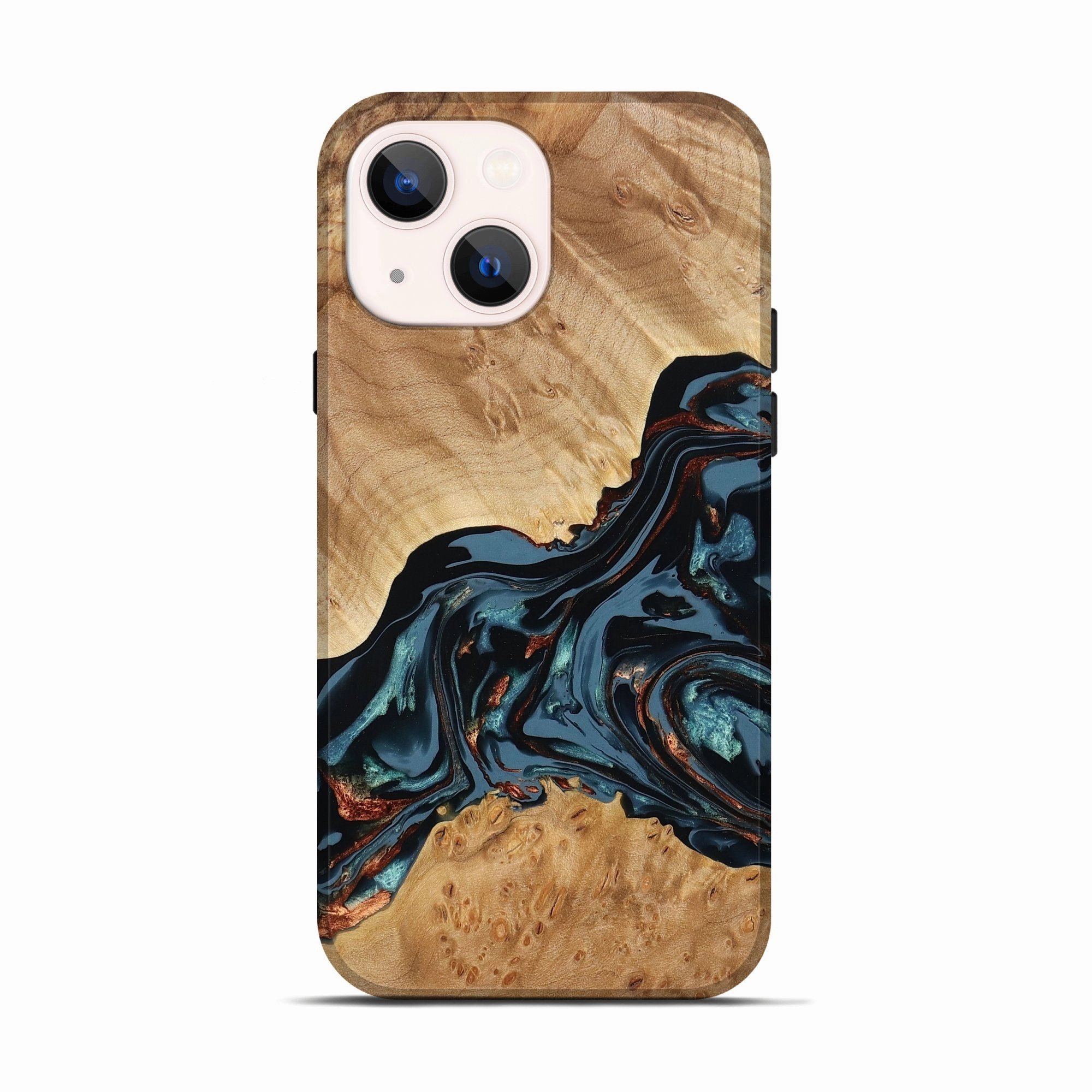 Iphone 13 Wood Live Edge Phone Case - Venessa (Teal & Gold, 779180) Fingerprint Free Anti Reflection Coating
