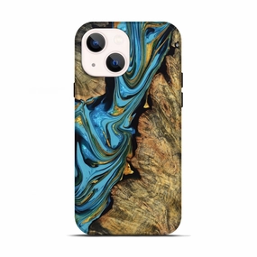Iphone 13 Wood Live Edge Phone Case - Zuri (Teal & Gold, 774599) Scratch Resistant Ultra Slim Protector