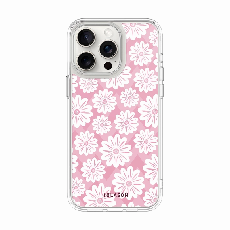 Crystal Clear Screen Anti Shock Film Iphone 15 Pro Max Halo Magsafe Cute Phone Case - Pink/White Daisies
