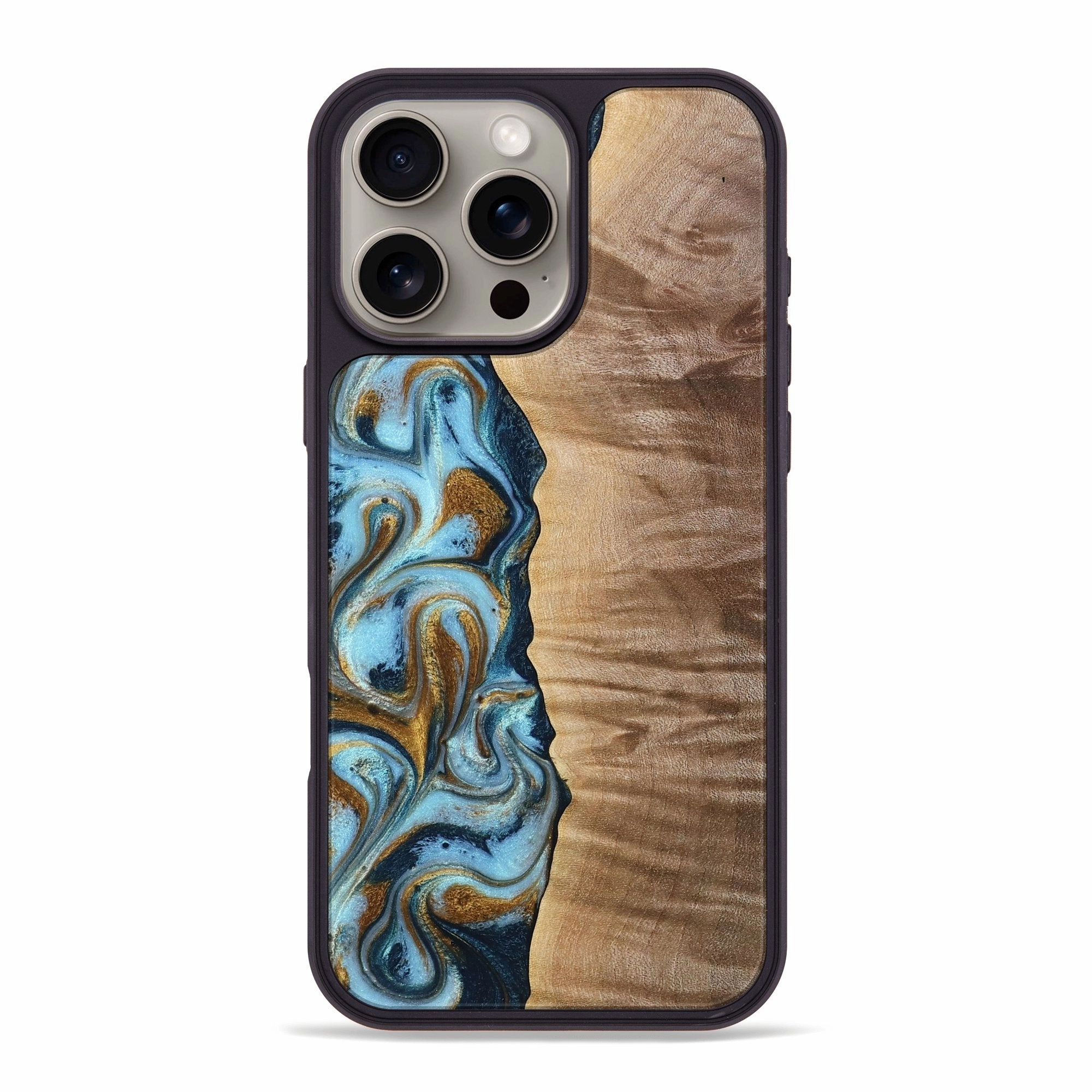 Iphone 16 Pro Max Wood Phone Case - Jacklyn (Teal & Gold, 770390) Anti Finger Grease