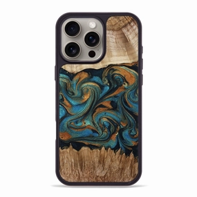 Protective Layer Protective Cover Iphone 16 Pro Max Wood Phone Case - Katia (Teal & Gold, 769987)