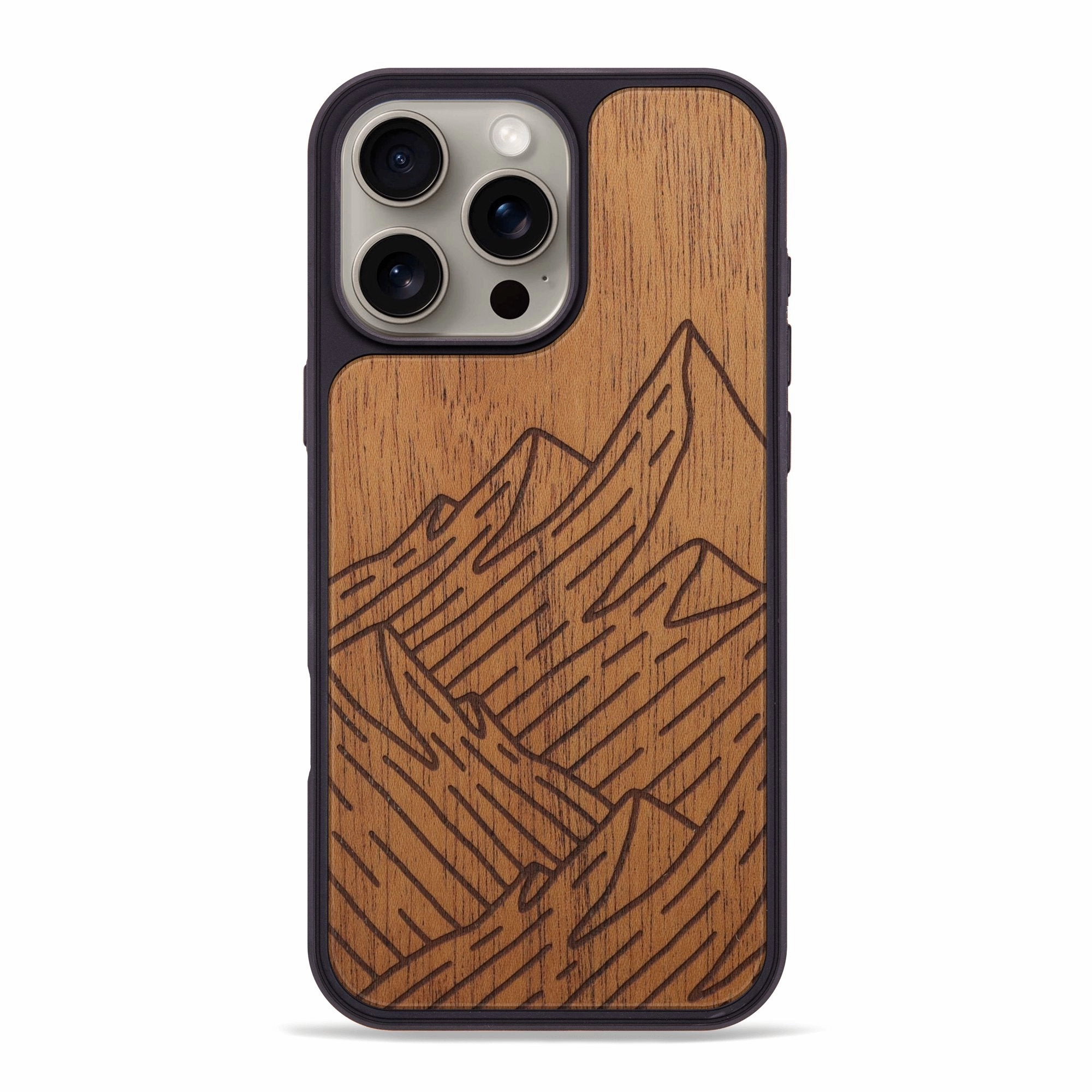 Iphone 16 Pro Max Wood Phone Case - Mountain - Mahogany (Curated) Fingerprint Repellent Protective Film