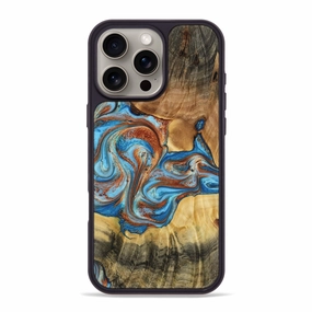 Anti Fingerprint Shield Iphone 16 Pro Max Wood Phone Case - Shara (Teal & Gold, 772660)
