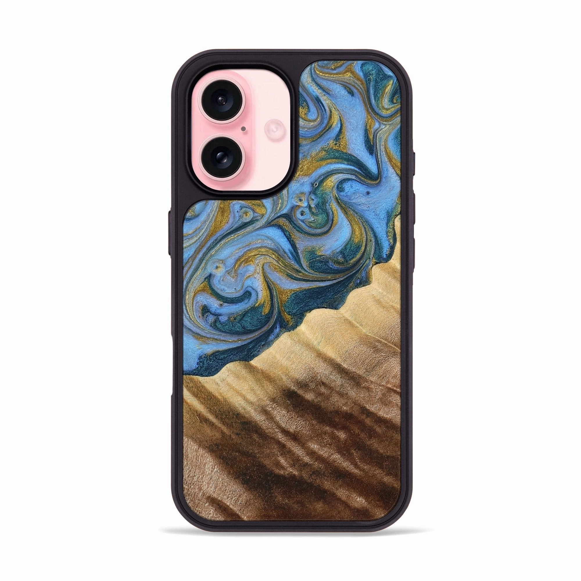 Case Friendly Glass Anti Spy Iphone 16 Wood Phone Case - Alyvia (Teal & Gold, 777776)