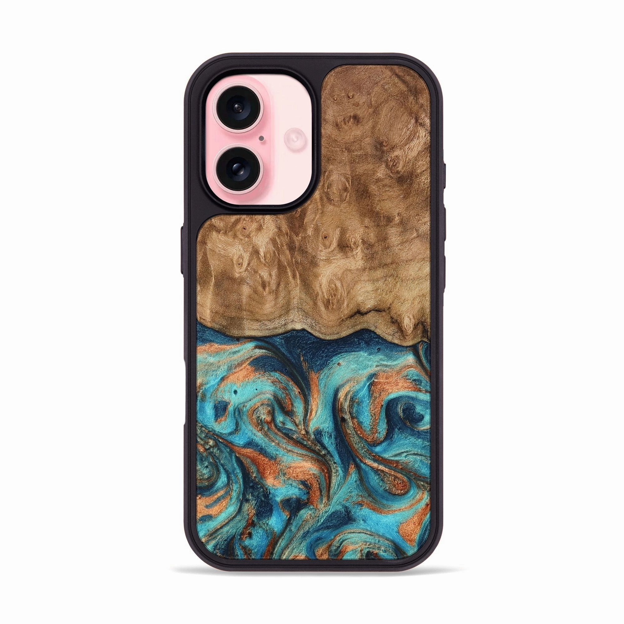 Protective Layer Fingerprint Resistant Coating Iphone 16 Wood Phone Case - Jazlynn (Teal & Gold, 779228)