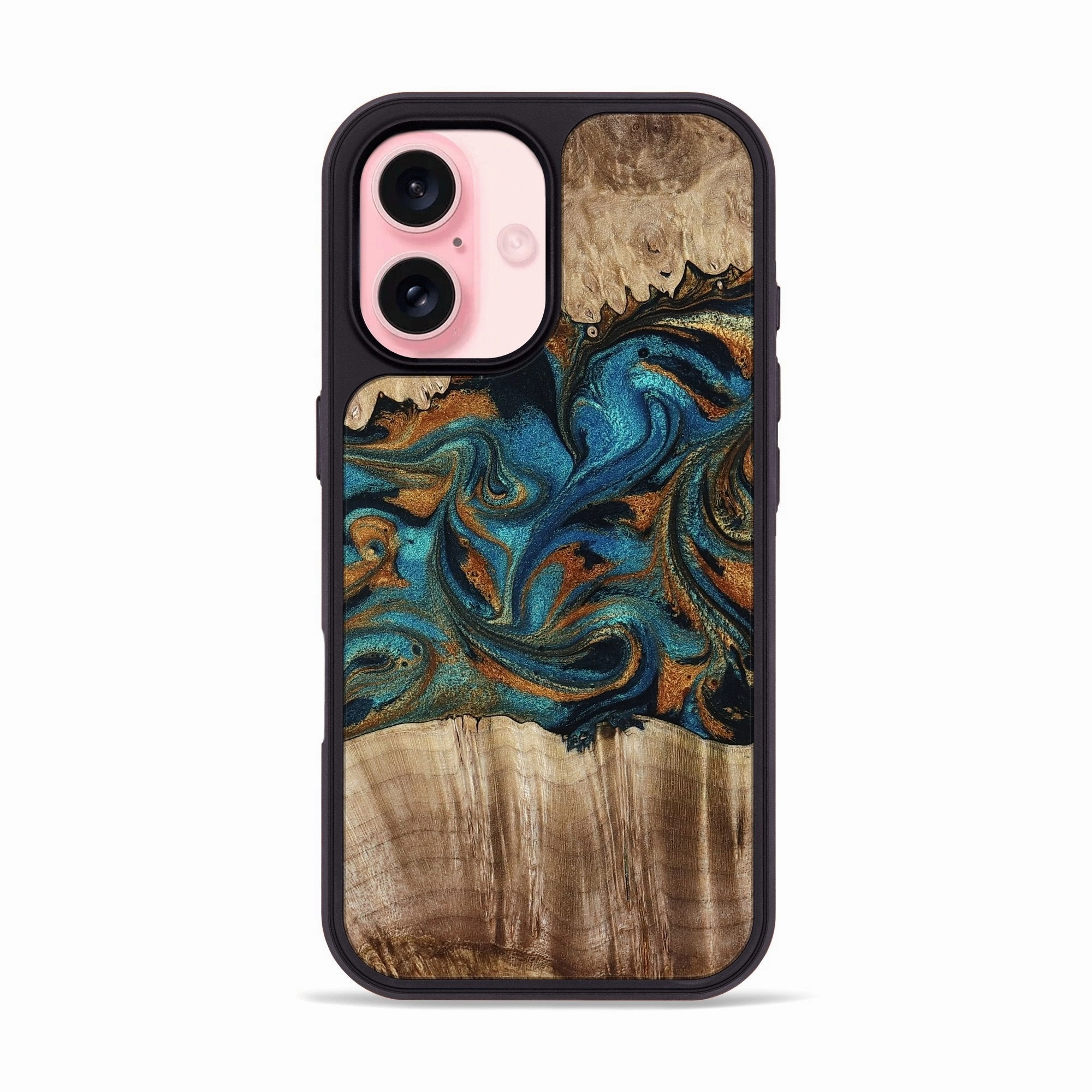 Rounded Edges Anti Oil Film Iphone 16 Wood Phone Case - Lelah (Teal & Gold, 769970)