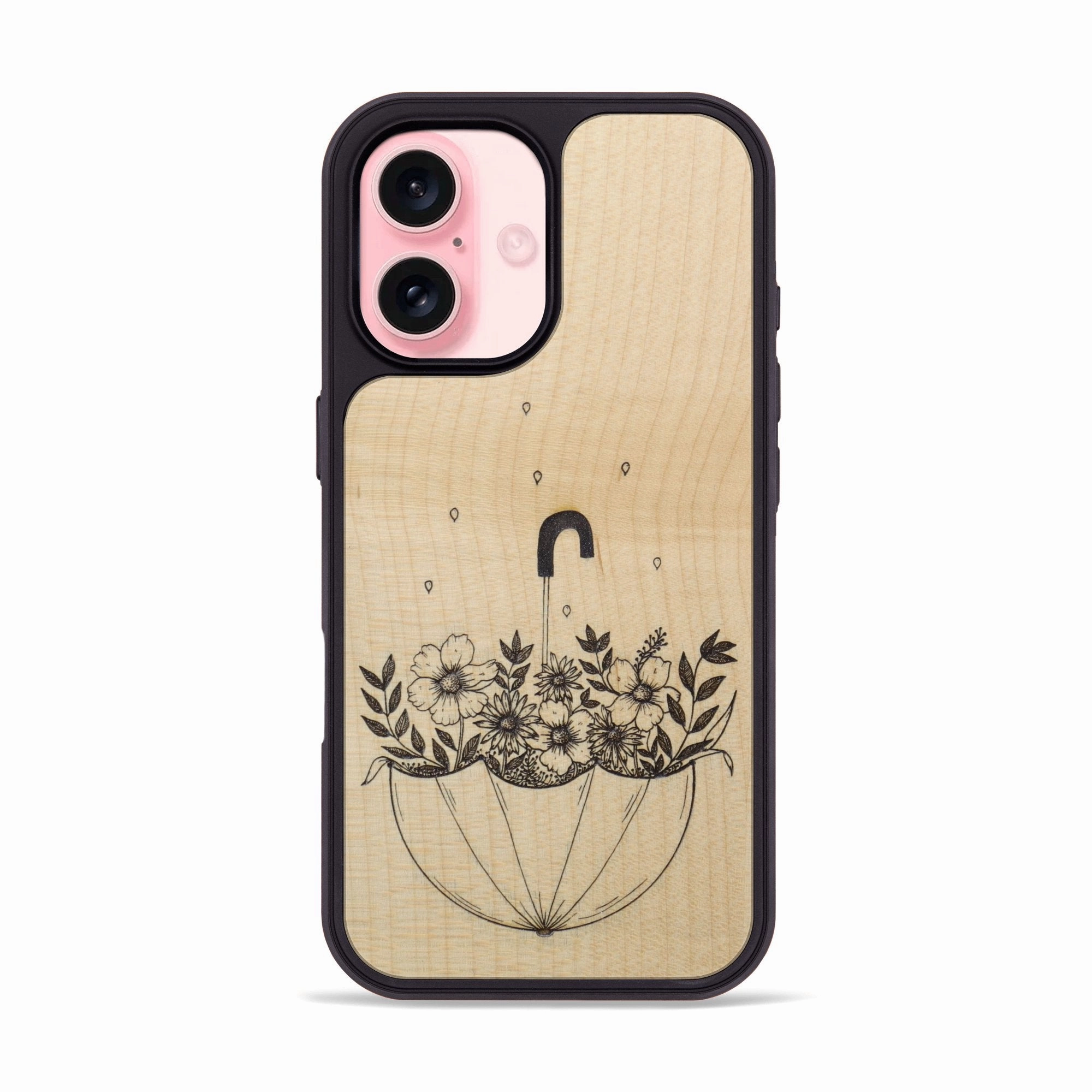 Iphone 16 Wood Phone Case - No Rain No Flowers - Maple (Curated) Impact Resistant Anti Glare