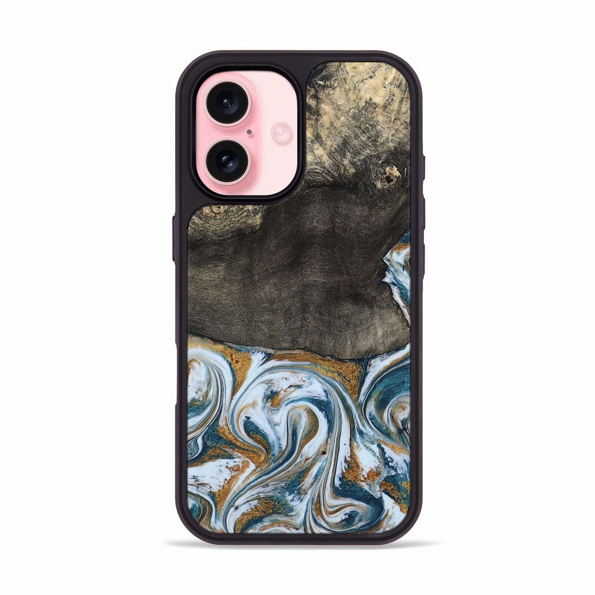 Iphone 16 Wood Phone Case - Rubye (Teal & Gold, 781104) Edge to Edge Protection HD Screen Protector