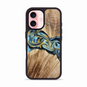 Shock Absorption Anti Finger Smudge Film Iphone 16 Wood Phone Case - Sonja (Teal & Gold, 776336)