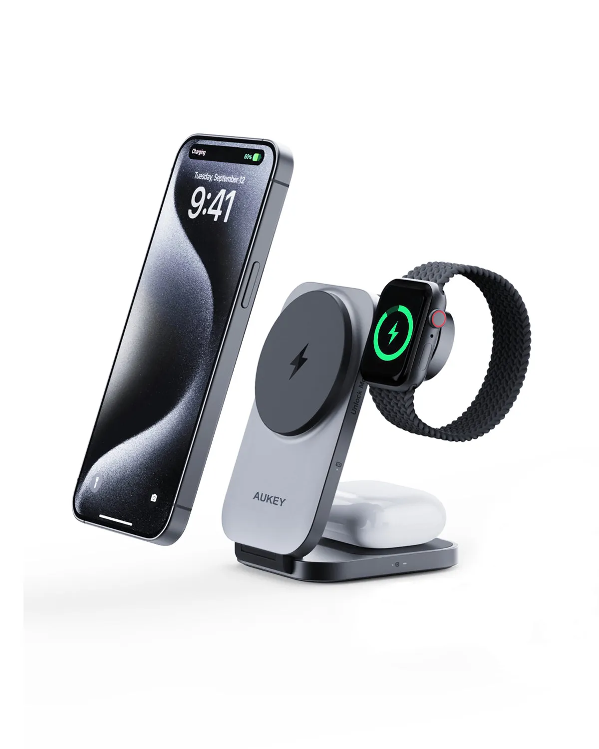 Aukey Lc-Mc312 Magfusion Z Qi2 3-In-1 Foldable Magnetic Fast Wireless Charging Station Overvoltage Protection