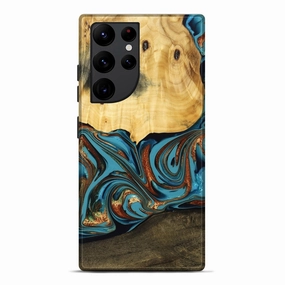 Galaxy S22 Ultra Wood Live Edge Phone Case - Kolson (Teal & Gold, 775967) Self Healing Fingerprint Resistant Coating