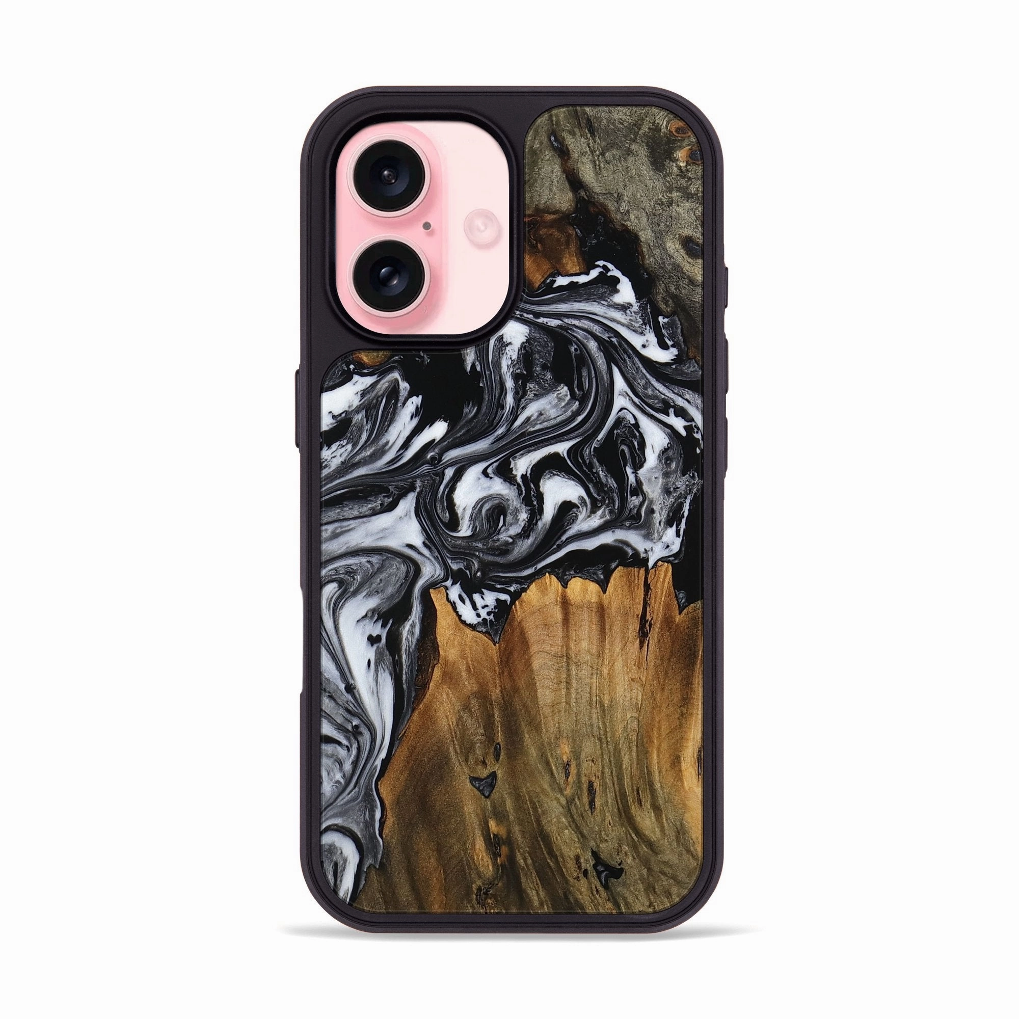 Impact Resistant Bubble Free Installation Iphone 16 Wood Phone Case - Jaydon (Black & White, 771608)