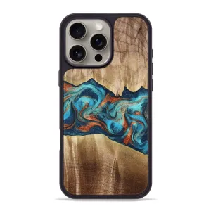 Iphone 16 Pro Max Wood Phone Case - Antoine (Teal & Gold, 777754) Rounded Edges Anti Finger Stain