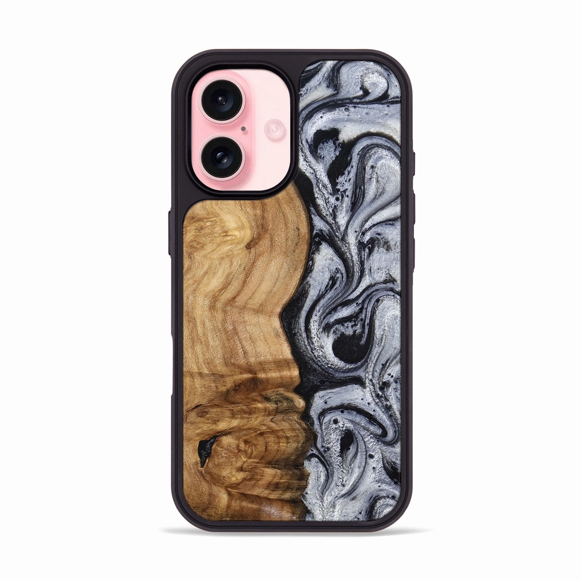 Anti Finger Grease Film Raised Edges Iphone 16 Wood Phone Case - Eulalia (Black & White, 777567)