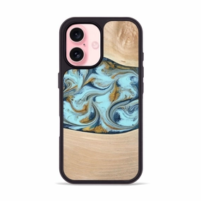Anti Finger Grease Film Crystal Clear Screen Iphone 16 Wood Phone Case - Leola (Teal & Gold, 774740)