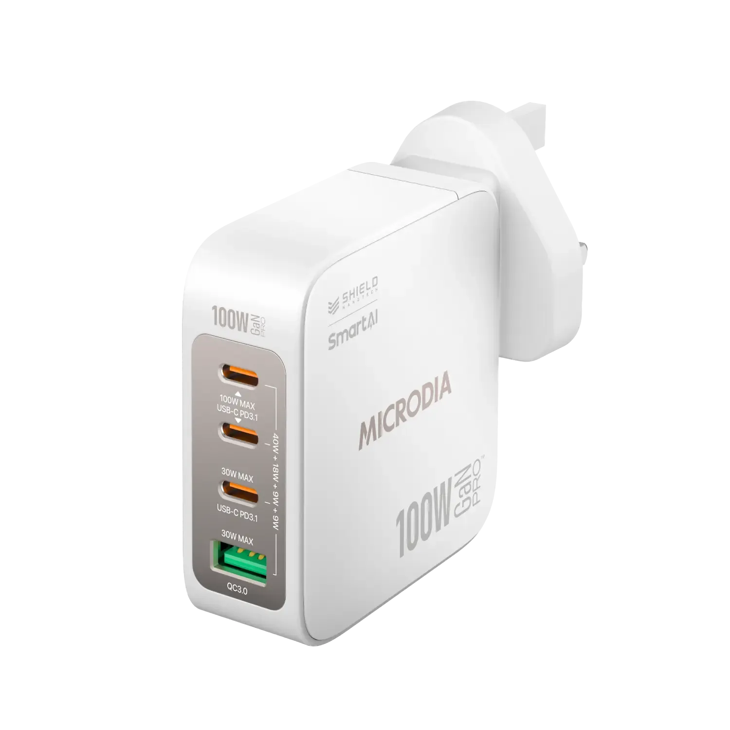 Microdia Smartcube Nano 100W, Gan Pro Wall Charger, 4-Port, Usb-C Pd3.1   Usb-A Qc3.0 Reliable Charger