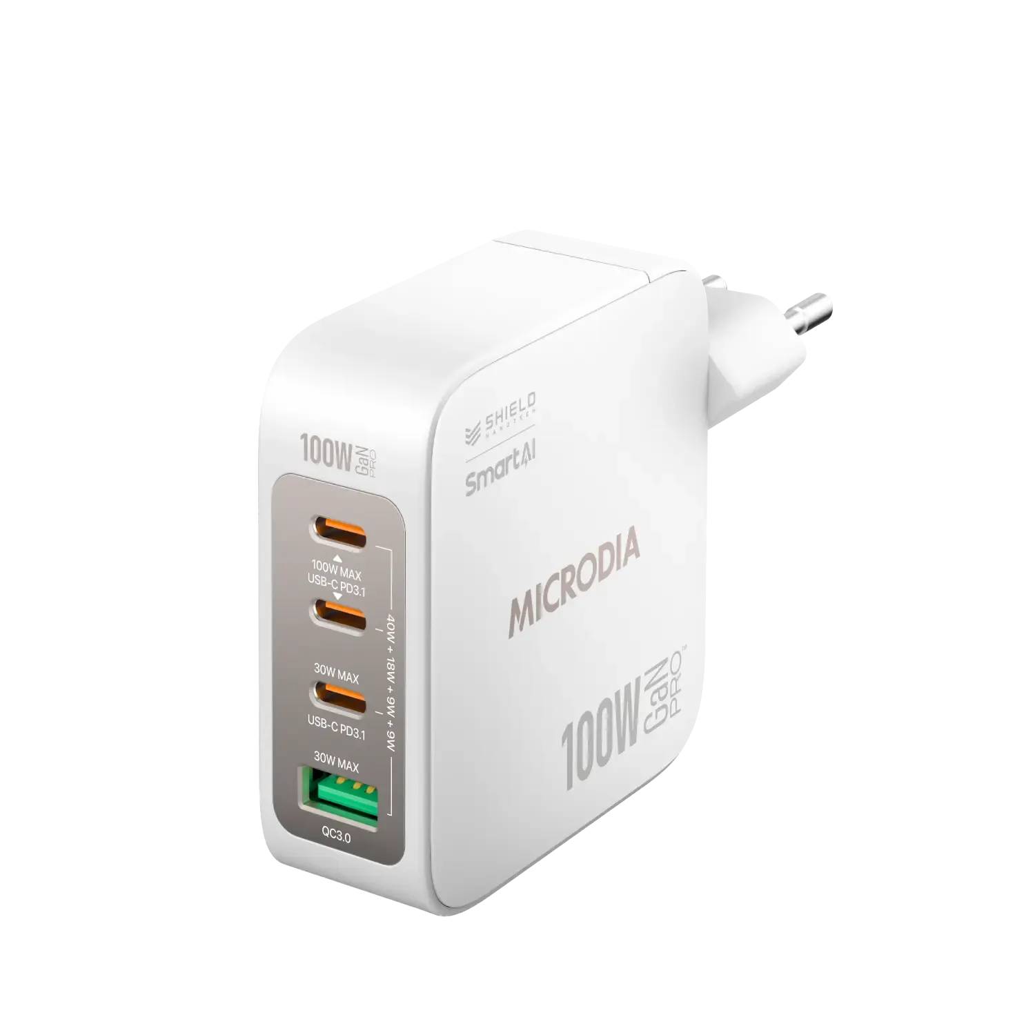 Microdia Smartcube Nano 100W, Gan Pro Wall Charger, 4-Port, Usb-C Pd3.1   Usb-A Qc3.0 Fast Data Transfer